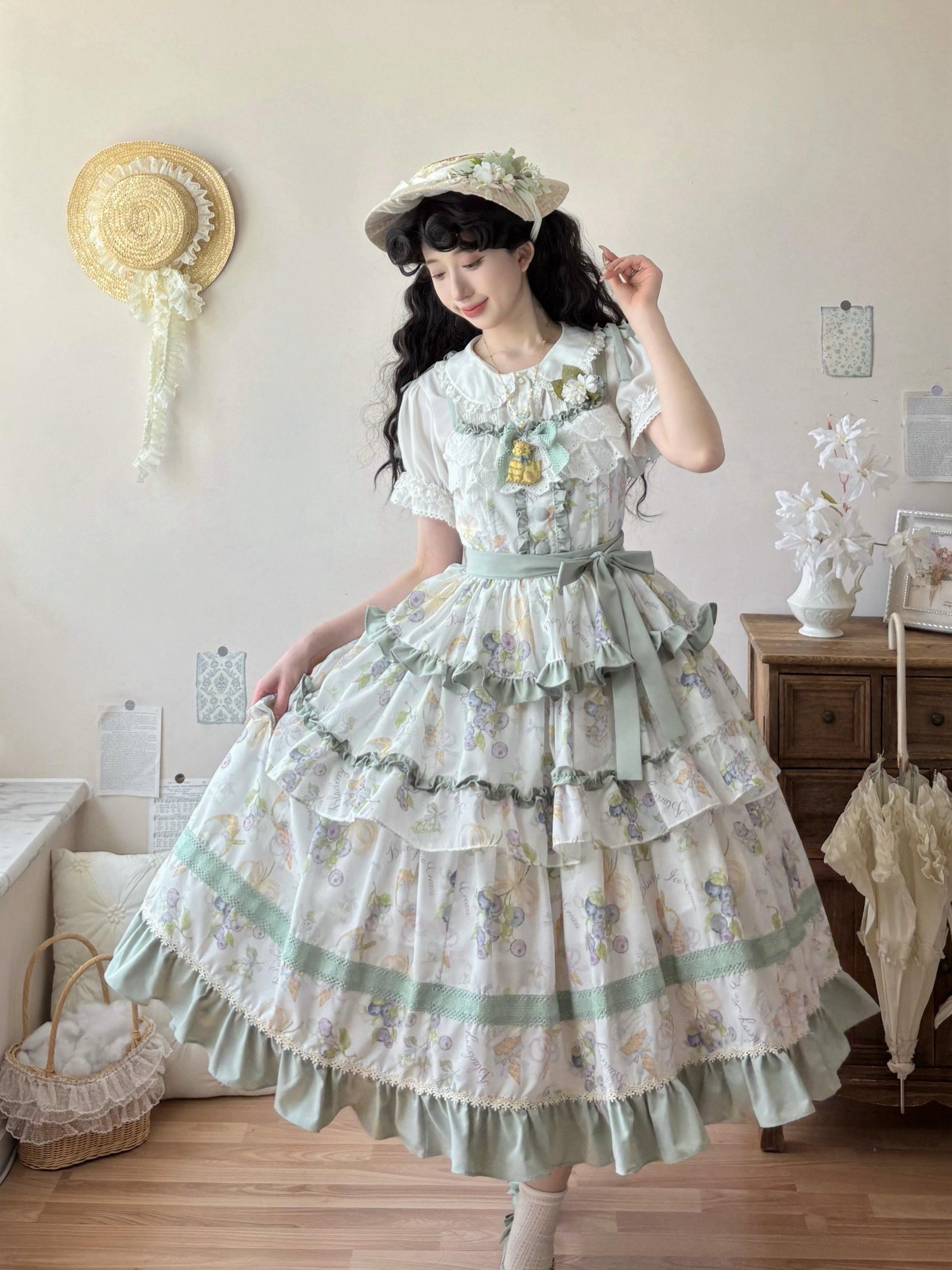 Qianmu - Blueberry Midsummer - Country Lolita Tiered JSK, Blueberry Print (L M S) 44322:805665