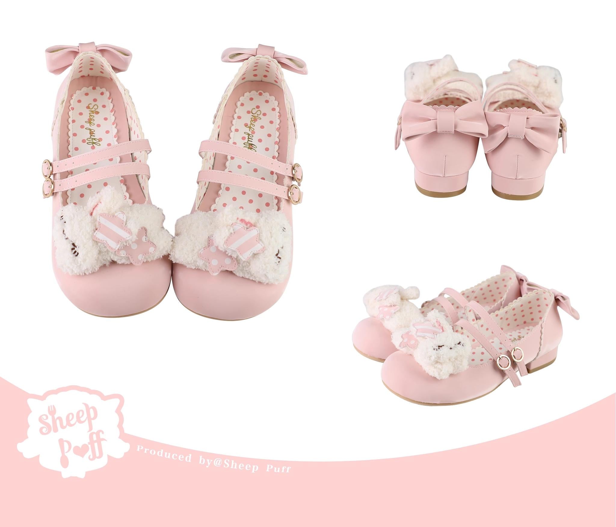 Sheep Puff - Mimitty Rabbit - Kawaii Lolita Low Heel Shoes Plush Bunny Spring Lolita Shoes Pink 34