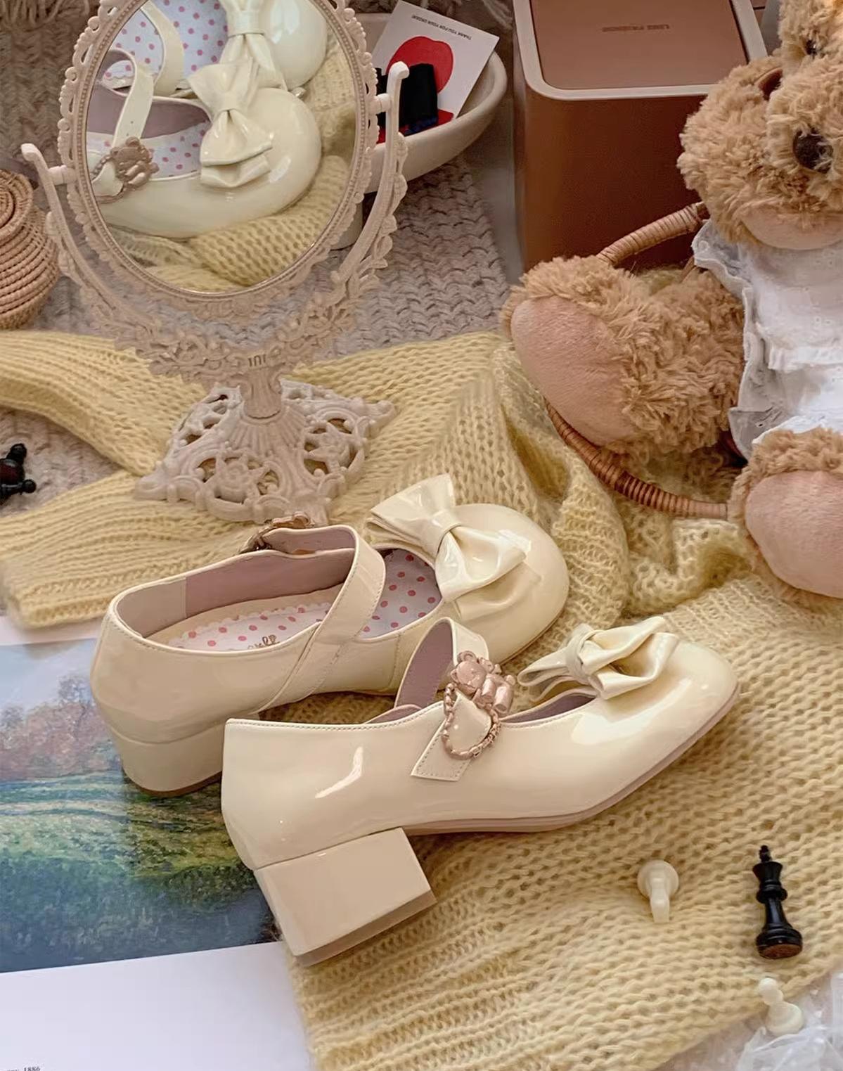 Sheep Puff~Hug Bear~Sweet Lolita Heel Shoes Bear Metal Buckle Bow Shoes (35 36 37 38 39 40 41) 38702:597588
