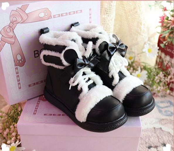 Bear Dada - Winter Kawaii Lolita Boots, Plush Accent Black 34