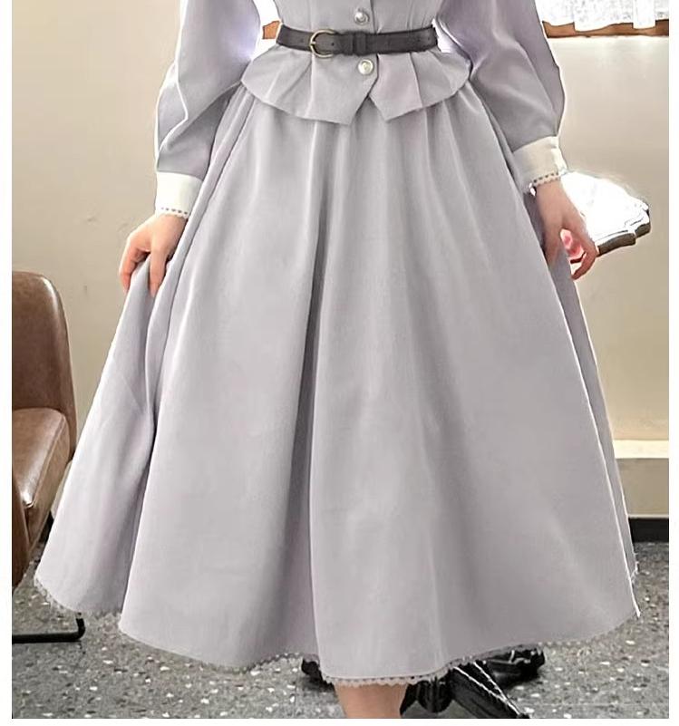 Sweet Wood - Daily Lolita Skirt Set Long sleeve Coat Dress Set S Blue SK (with brown leather belt )