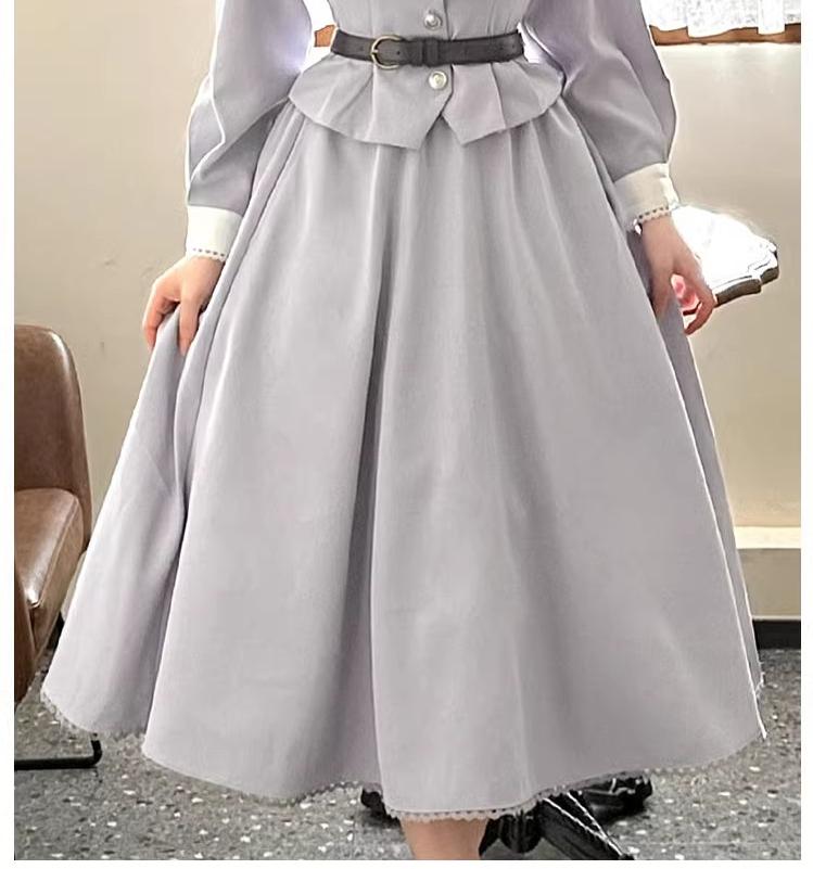 Sweet Wood~Daily Lolita Skirt Set Long sleeve Coat Dress Set S Blue SK (with brown leather belt ) 