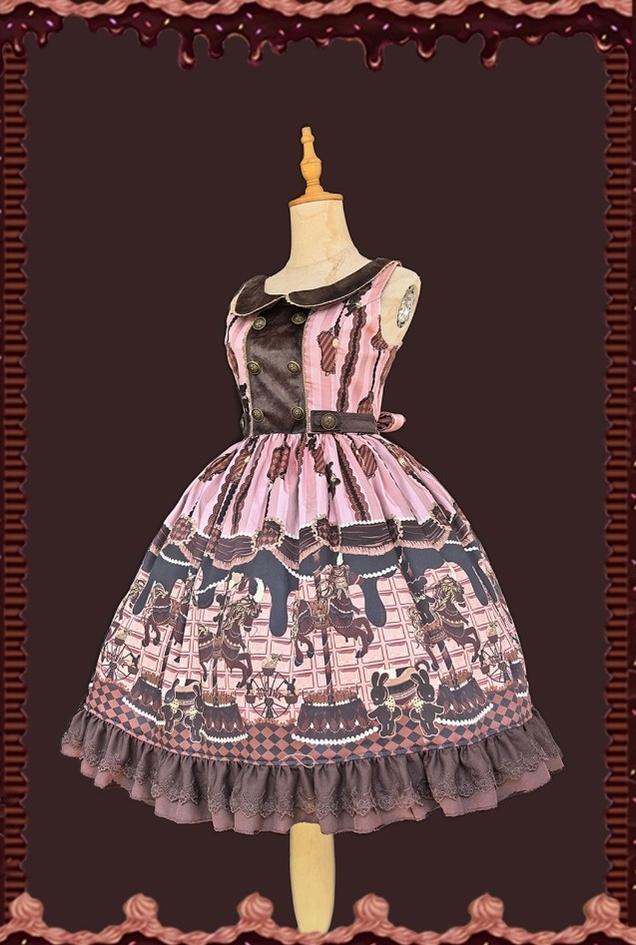 Chocolate Carousel - Peter Pan Collar Old School Lolita JSK Dress, Carousel Print