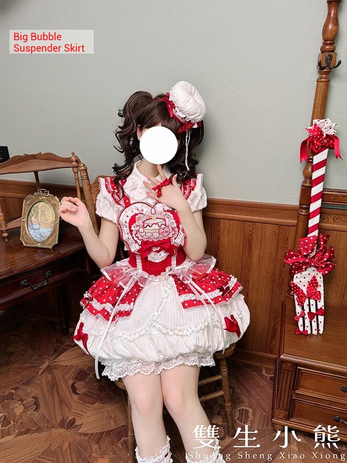 Shuang Sheng Xiao Xiong - Bite The Cake - Sweet Lolita Dress, Red & White Polka Dots 43600:780764