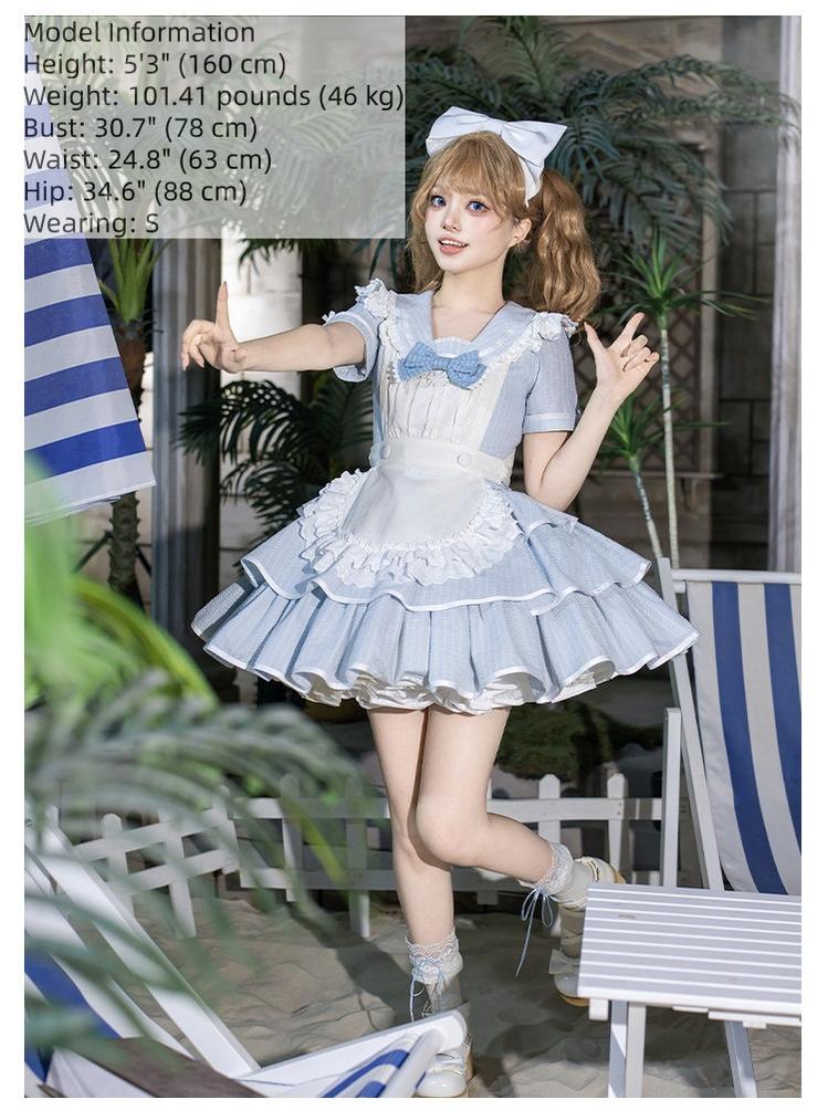 Seven-Day Bell - Blue Classic Lolita Striped OP Dress, Sailor Collar