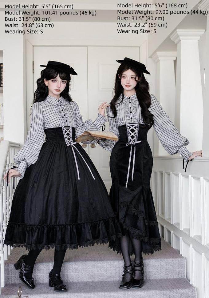 Dusk Moment - Classic Lolita Striped OP & Mermaid Dress Set, Fishbone Waist 44498:810759