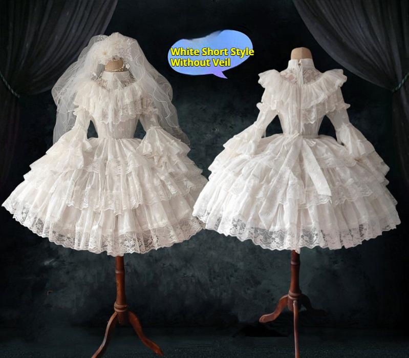 Teddy Bear - Halloween Gothic Wedding Lolita OP Dress White - Short Style (stand collar) S