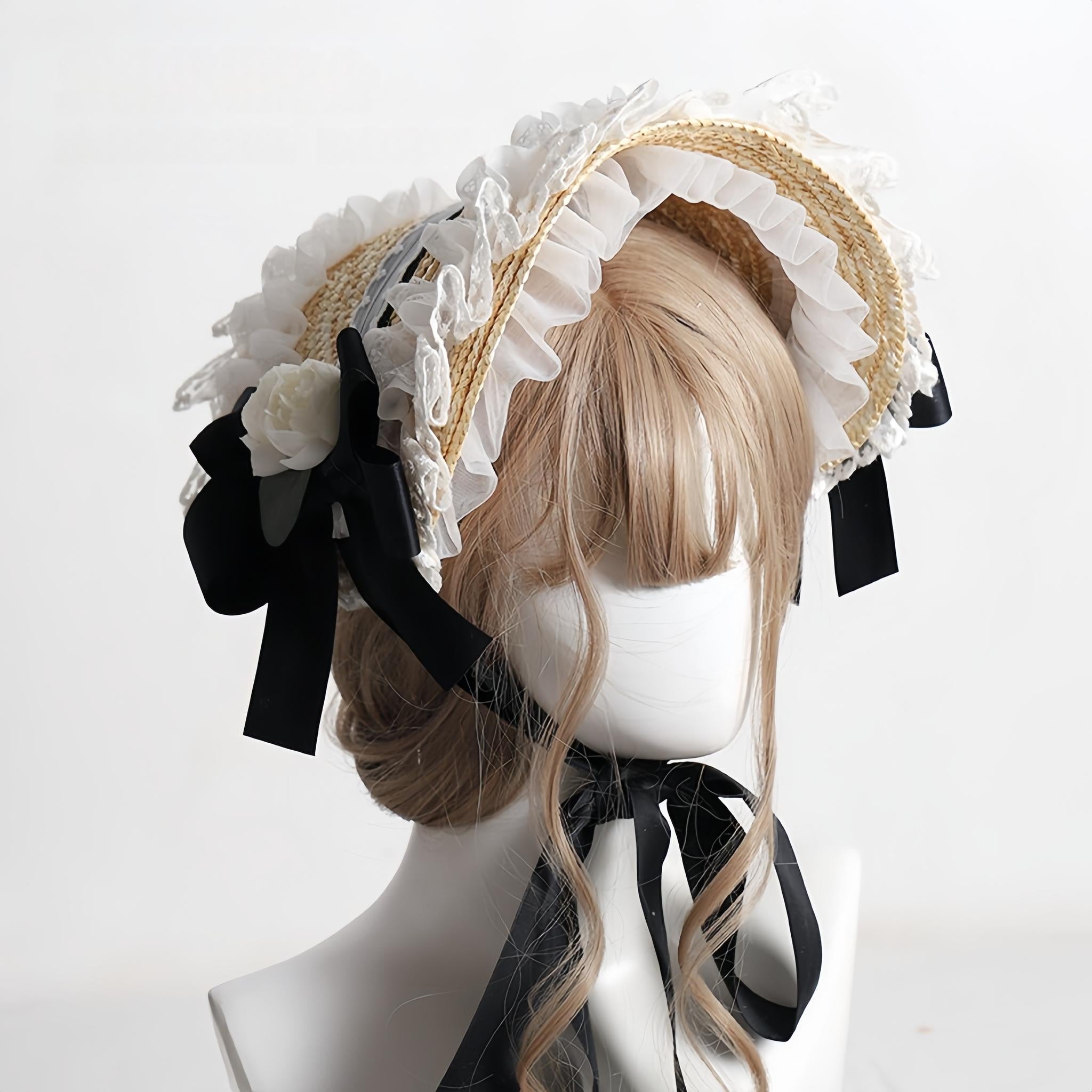 The Accessories' Story - Country Lolita Straw BNT, Ruffled Lace, Artificial Flower No Head Circumference Limitation / One Size Elegant Black