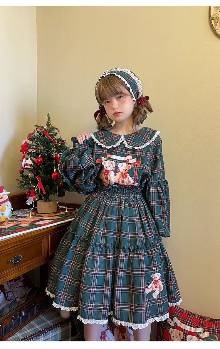 Labeau - Christmas Vintage Lolita Skirts Doll Collar Blouse Plaid Skirt Set