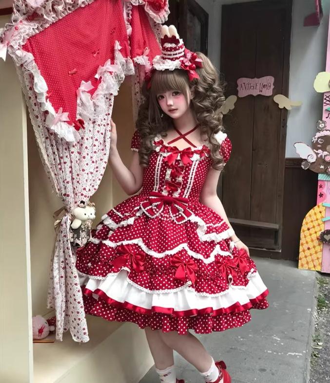 Berry Dew Drops - Red Old School Lolita OP Dress, Polka Dot
