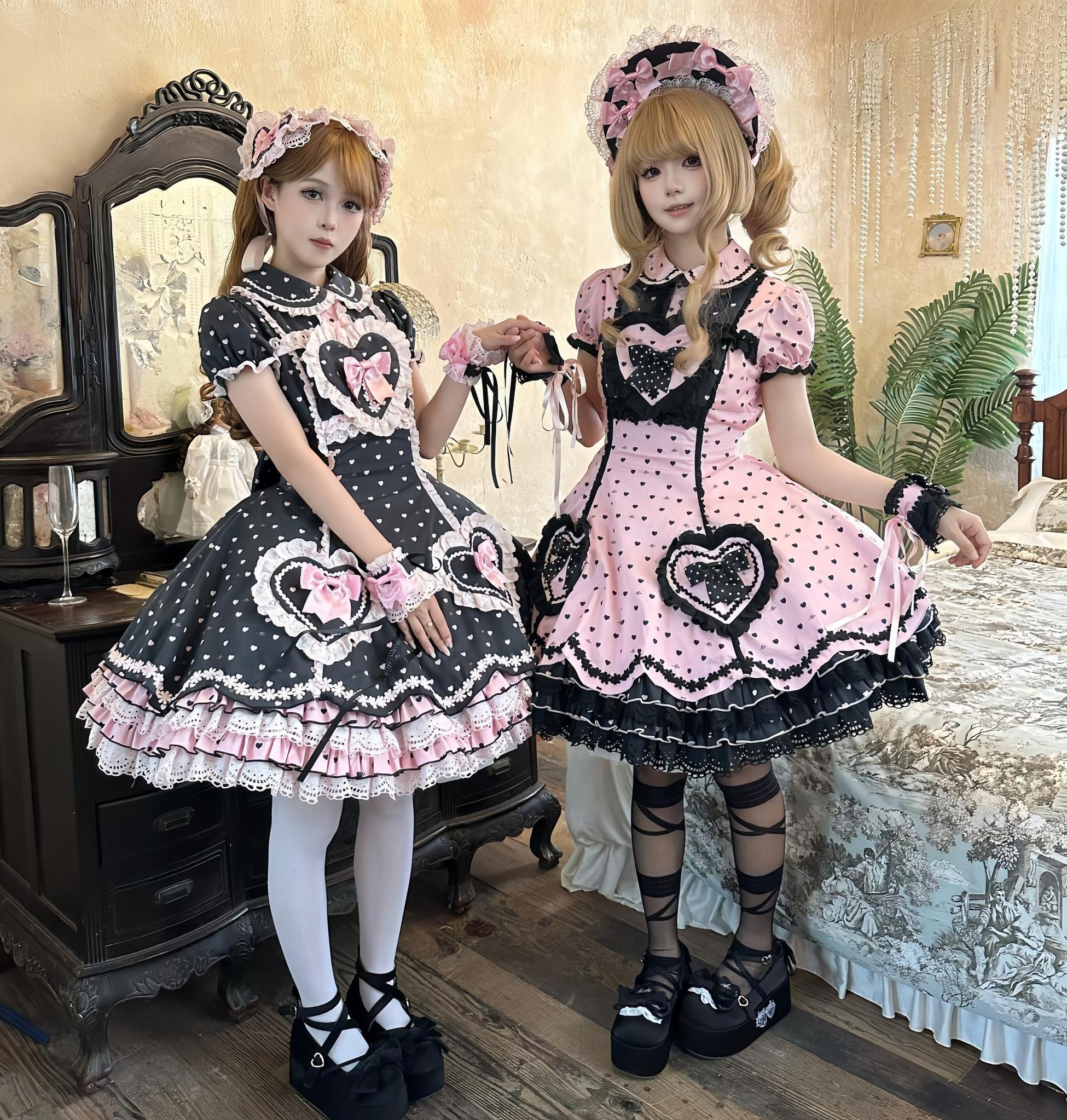 Maiden's Heart Knot - Cotton Old School Lolita Dress, Heart Polka Dot
