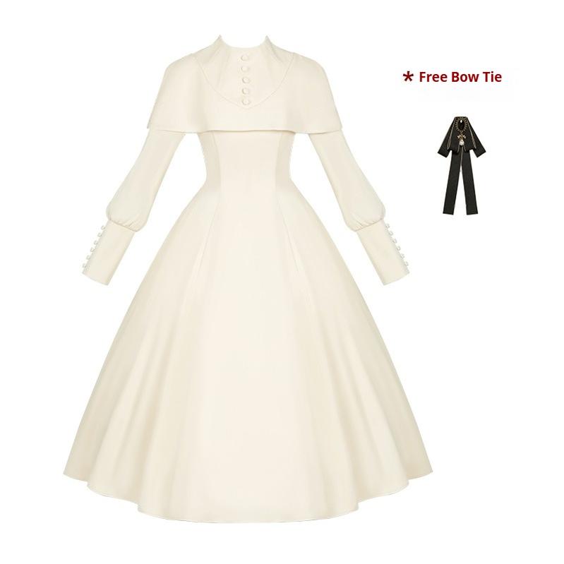 With PUJI - 13th Night - Gothic Lolita OP Dress with Built-in Cape Ivory OP with Bow Tie S