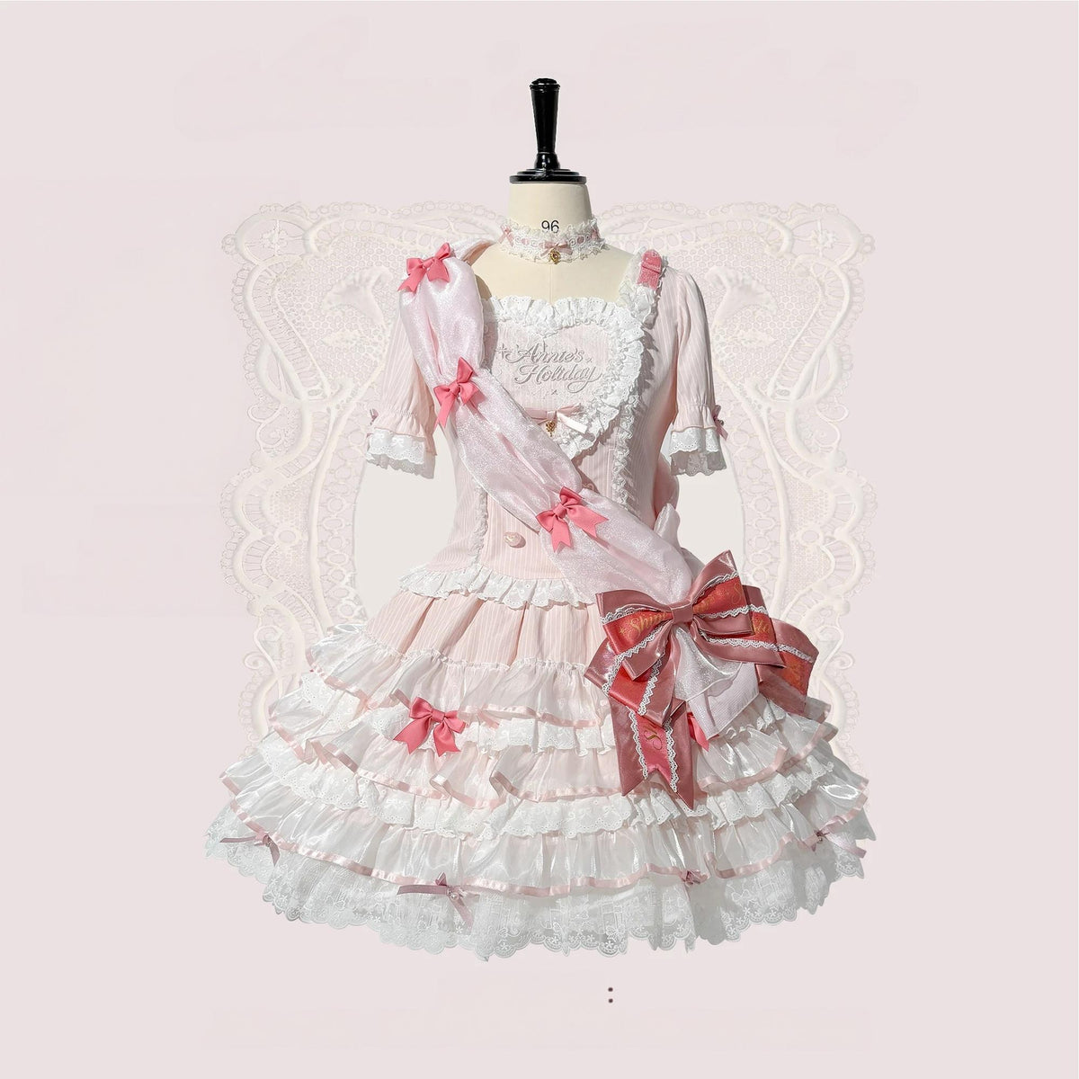 Sparkle Annie - Plus Size Sweet Lolita Top & SK Set, Cream Pink Pinstripe (2XL 3XL 4XL 5XL L M S XL) 45943:869354
