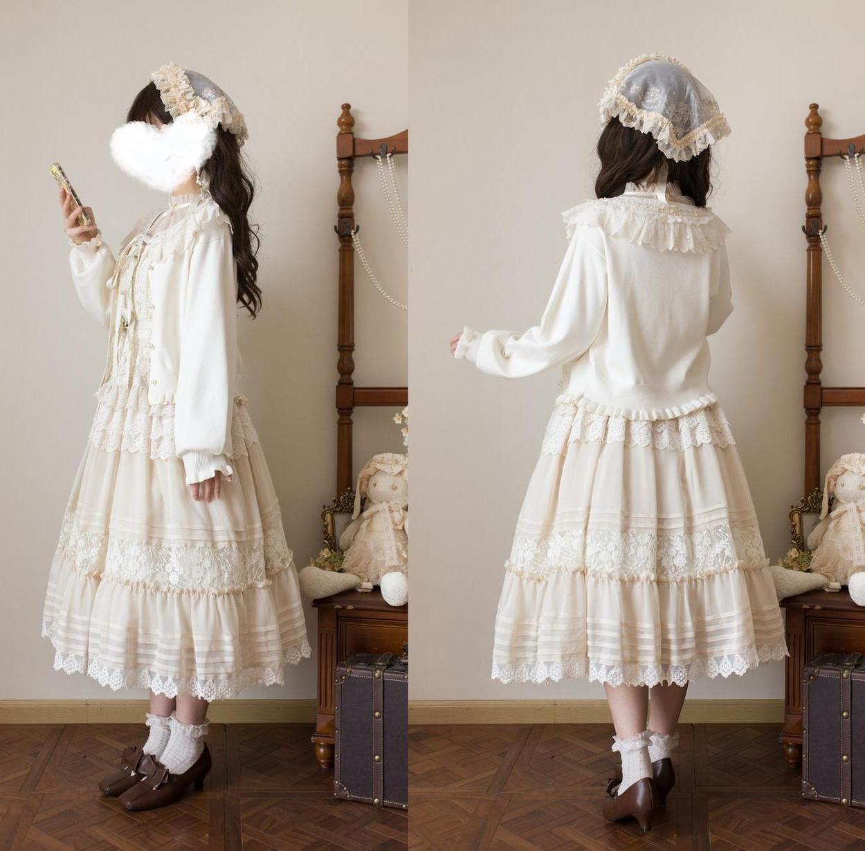 MIST - Graceful Dream - Retro Kawaii Lolita Sweater Cardigan, Ruffled Lace Neckline 43729:783967