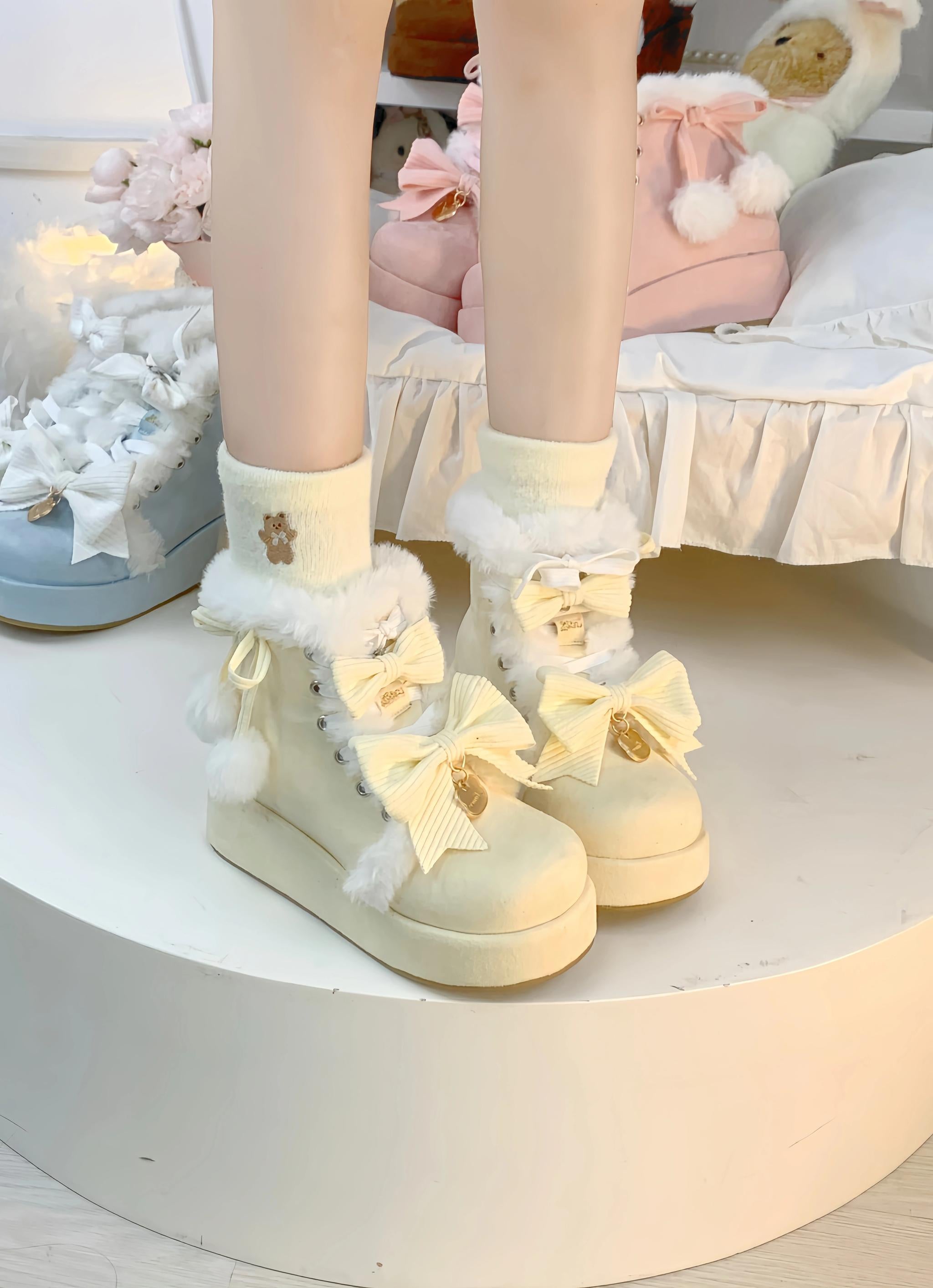Aimee - Warm - Winter Sweet Lolita Snow Boots Thick Sole Fleece Shoes Creamy Yellow 34