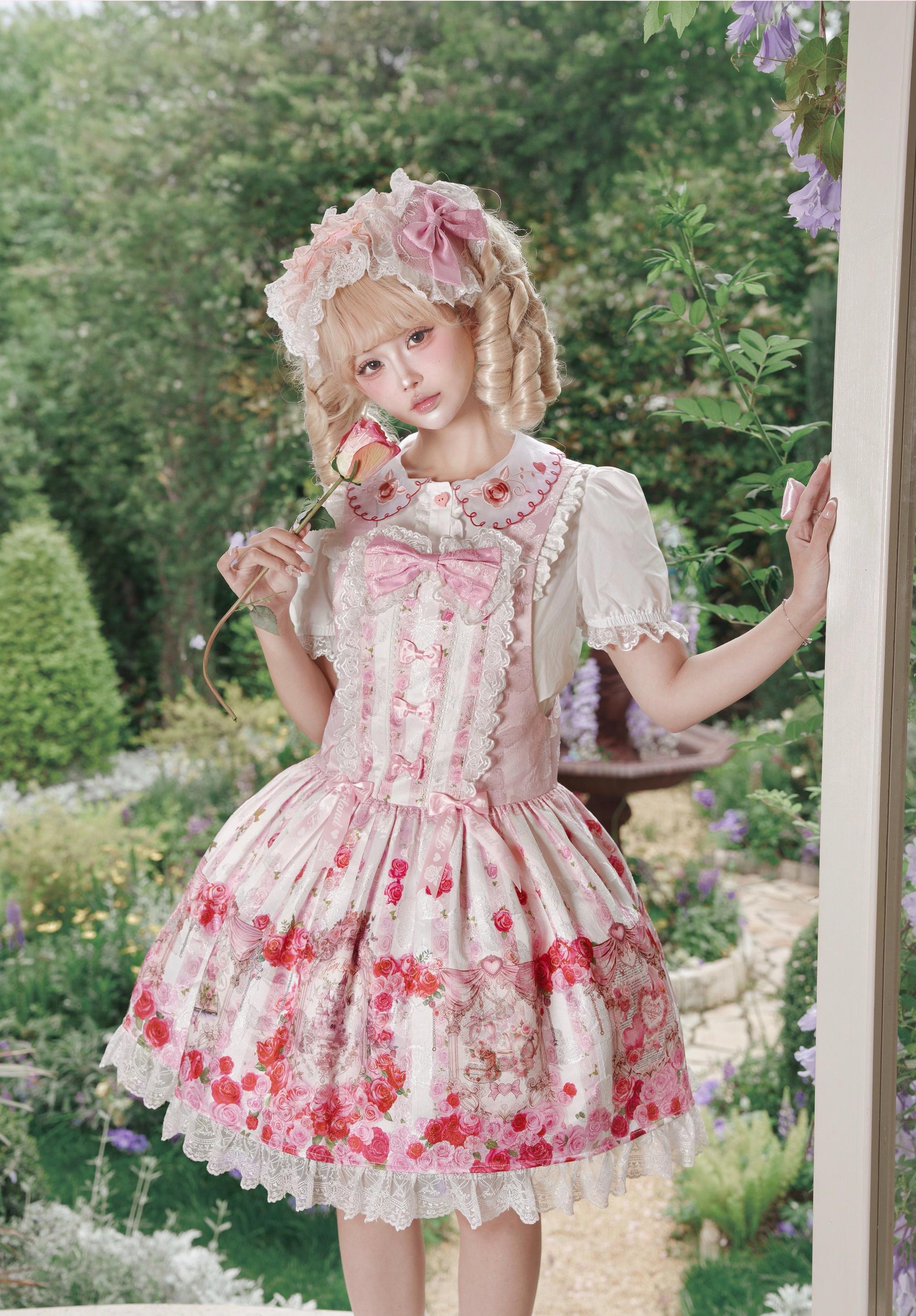 Rose Dream Isle - Sweet Lolita Rose Wall Print Dress, Embroidery & Bows