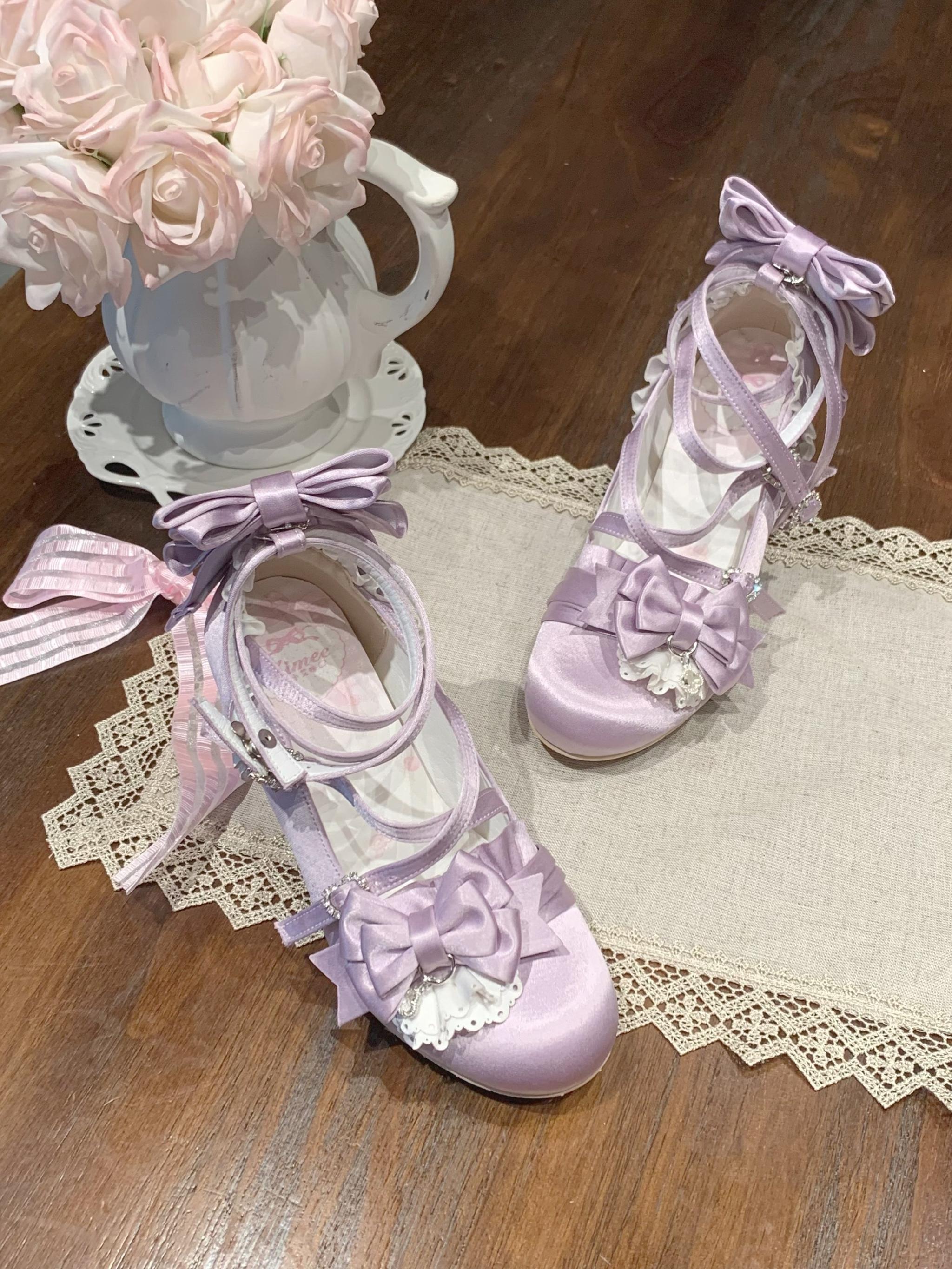 Thousand Knots - Classic Lolita Satin Heels Shoes, Bow-shaped Heel Purple 34