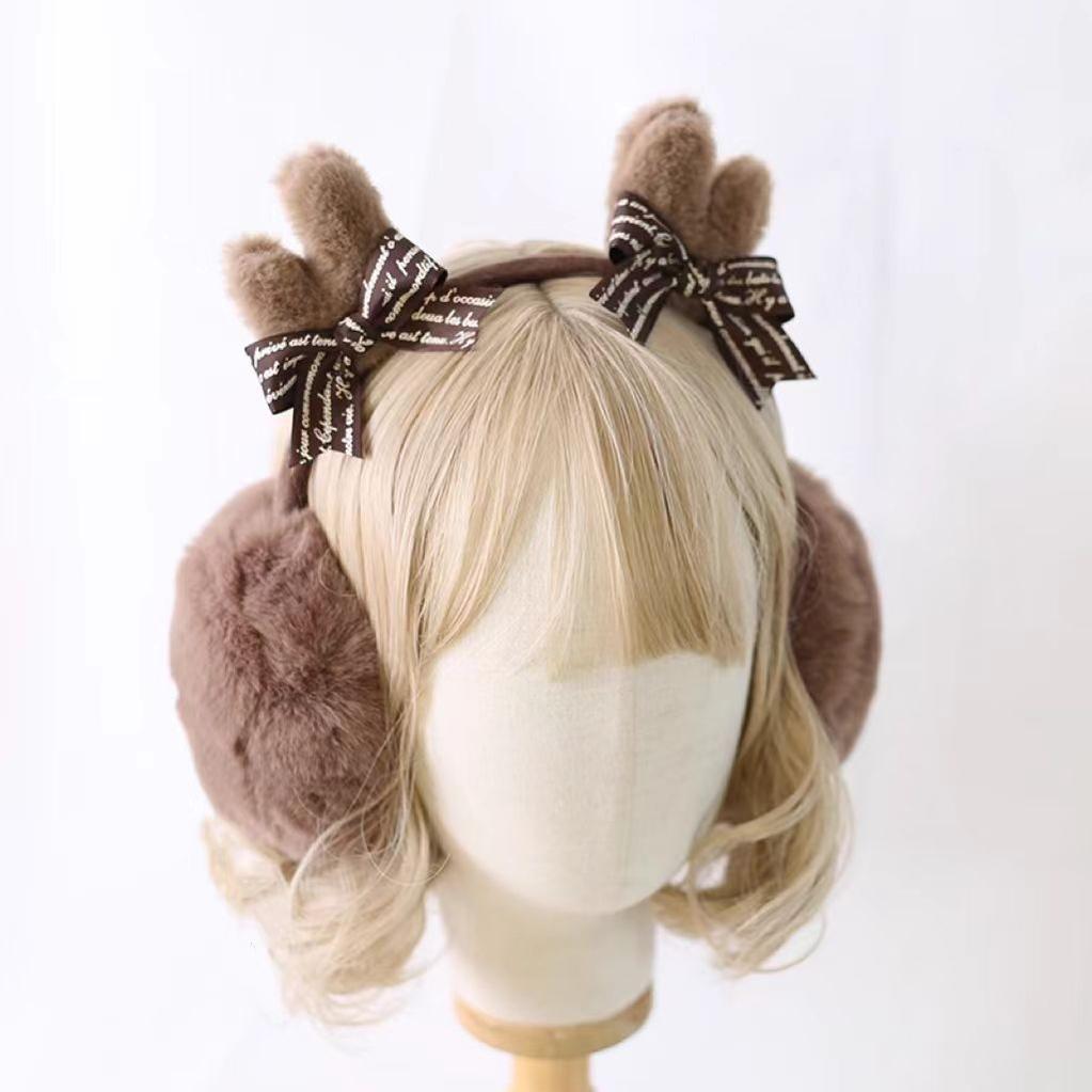 Xiaogui - Christmas Lolita Earmuffs Antlers Ear Protectors Winter Earflap Coffee-colored letters (Khaki Deer Horn Ear Earflaps)