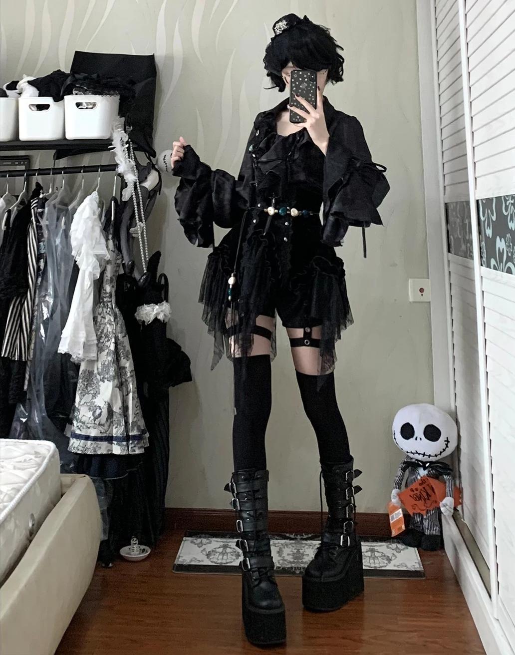 Bone Garden - Black Gothic Lolita Corset, Irregular Lace Hem 46040:873121