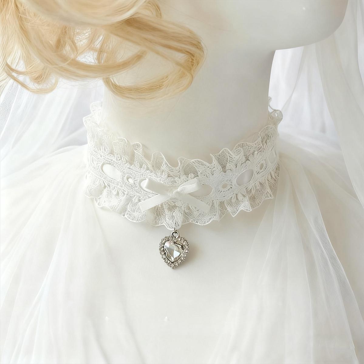 Sweet Lolita Choker, Heart Rhinestone & Bows (白色) 45011:831669