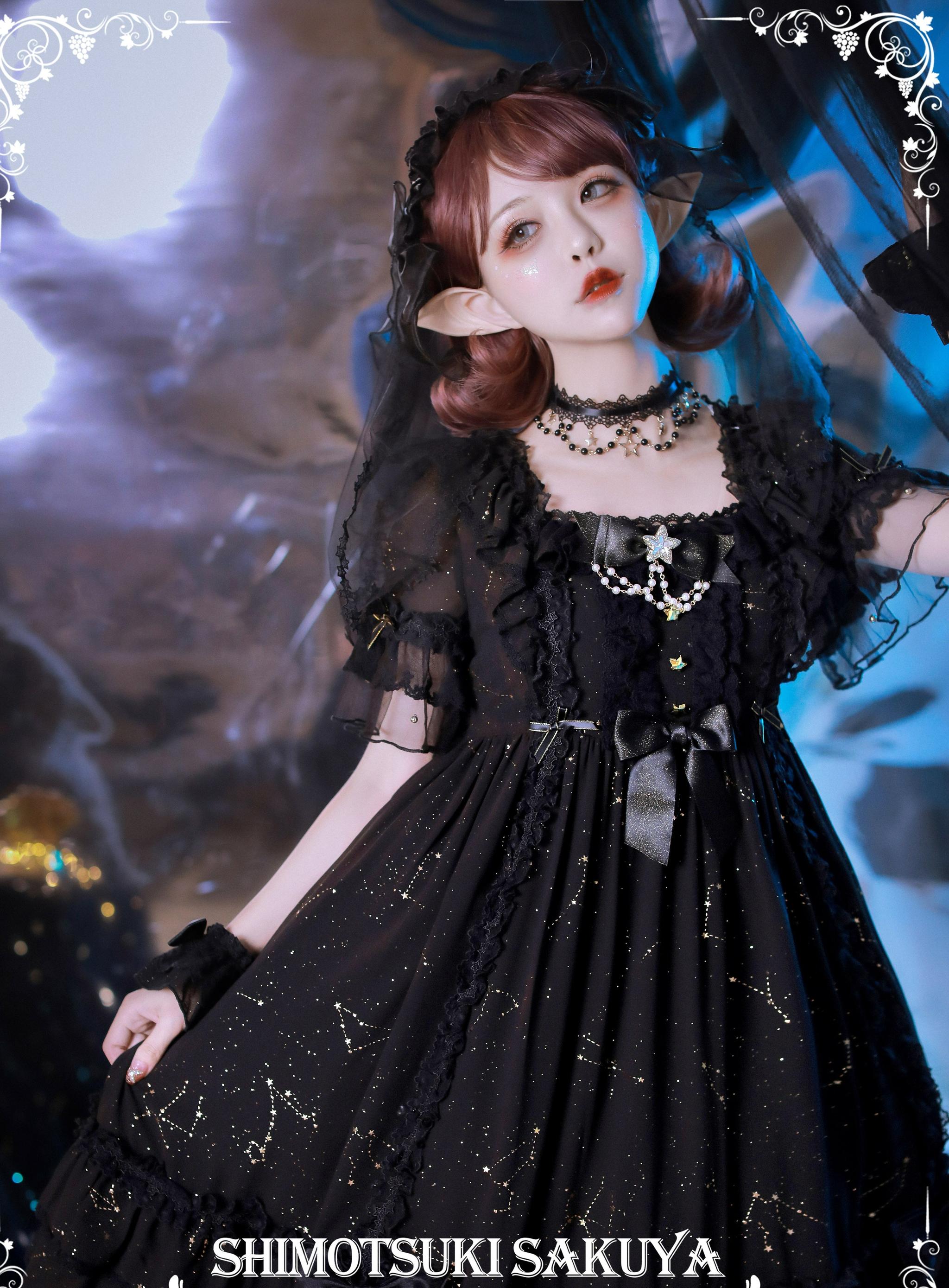Whisper of Stars - Vintage Lolita Black OP Dress, Constellation-Themed 4556:632510
