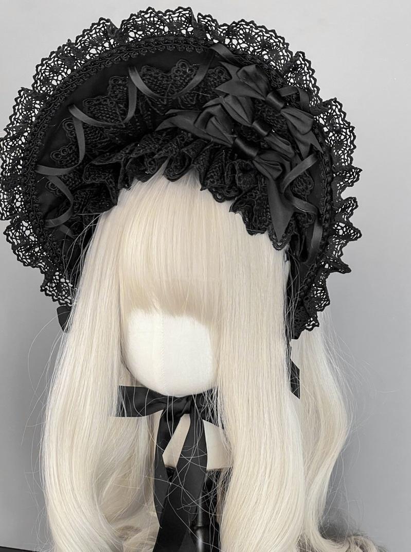 MAID - Gothic Lolita Lace Bonnet Wide Brim Bow BNT Headwear