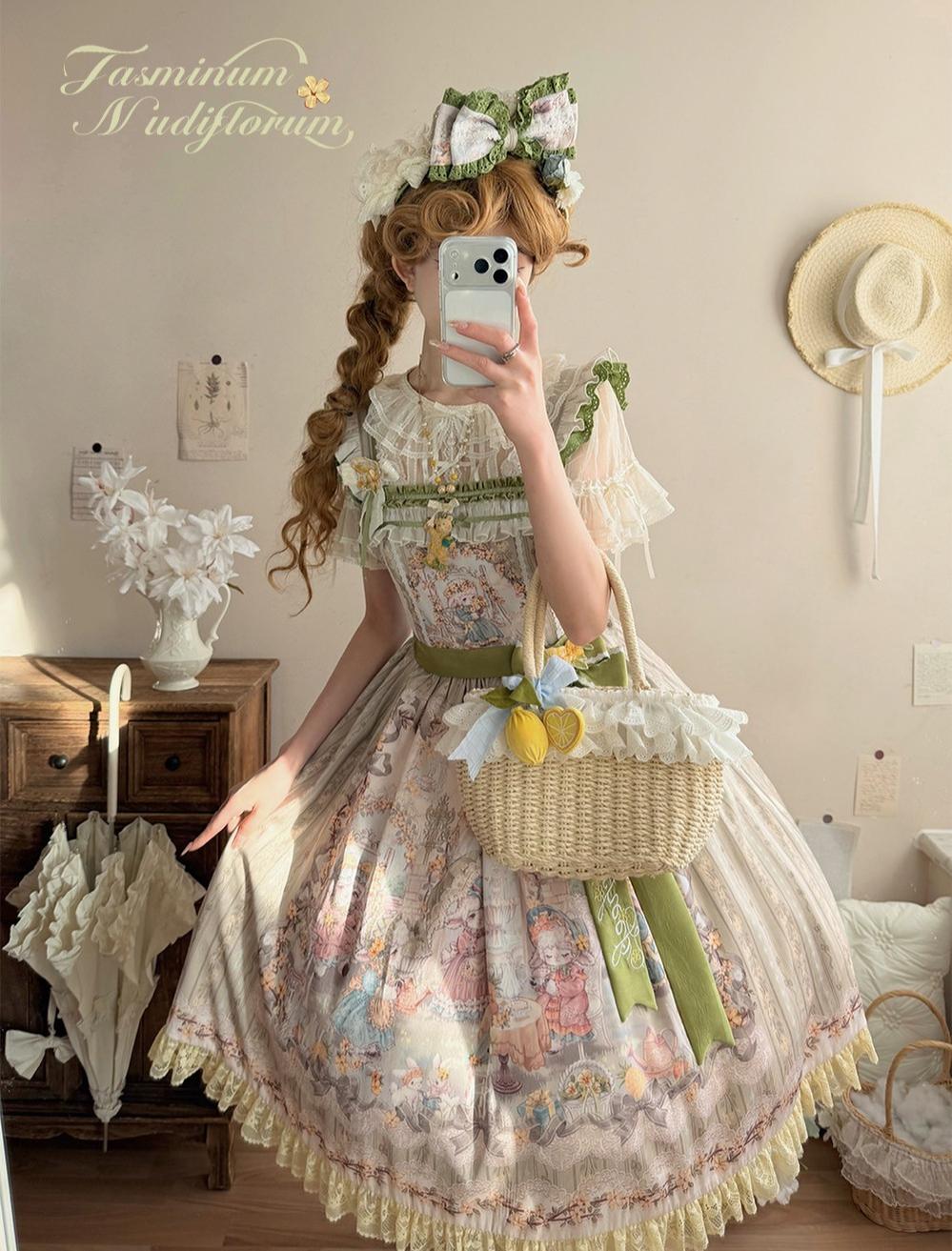 Greets Spring Lamb - Classic Lolita JSK Dress, Winter Jasmine & Lamb Print