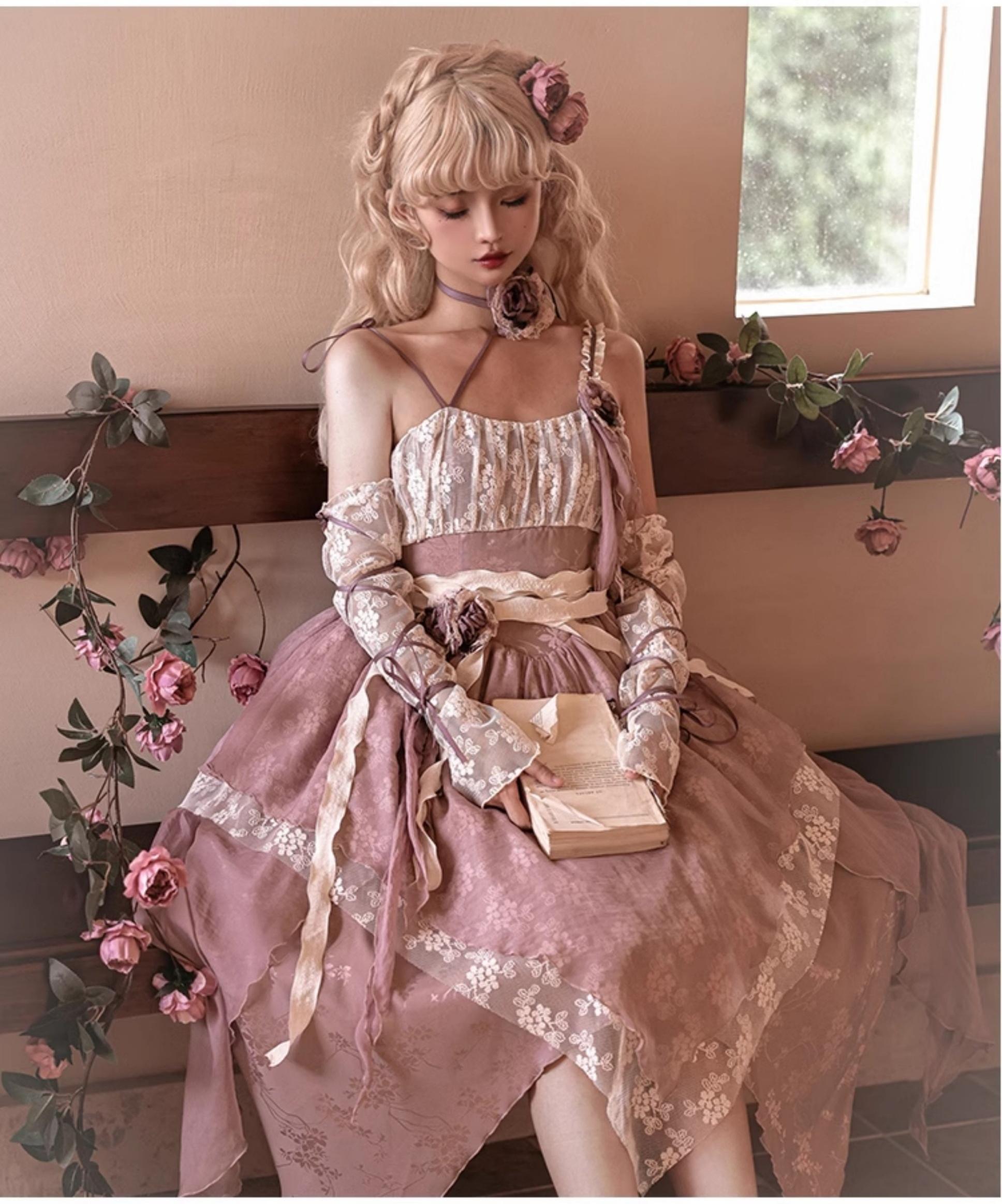 With PUJI - Rose Leaf - Irregular Daily Lolita JSK Dress in Wabi-Sabi Style