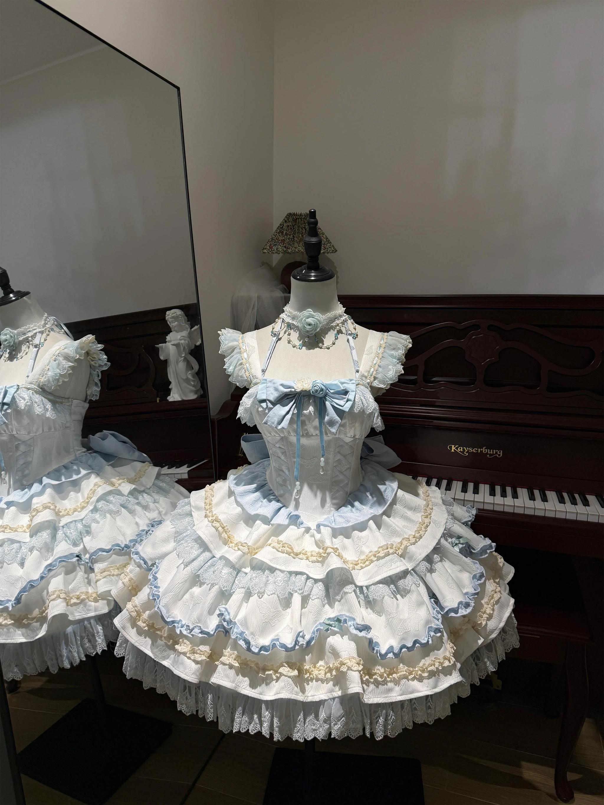 Pudding Lolita - Floral Bell Dream - Sweet Lolita JSK Dress, Halter Neckline (蓝色 / 2XL L M S XL XS) 44186:797985