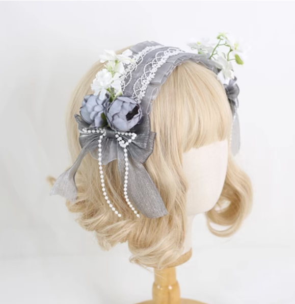 Xiaogui - Elegant Lolita Floral Lace Handmade Headband grey with a retaining clip