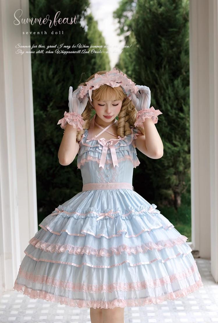 The Seventh Doll - Summer Evening Banquet - Sweet Lolita JSK with Tiered Ruffle Design and Hat 42722:750913