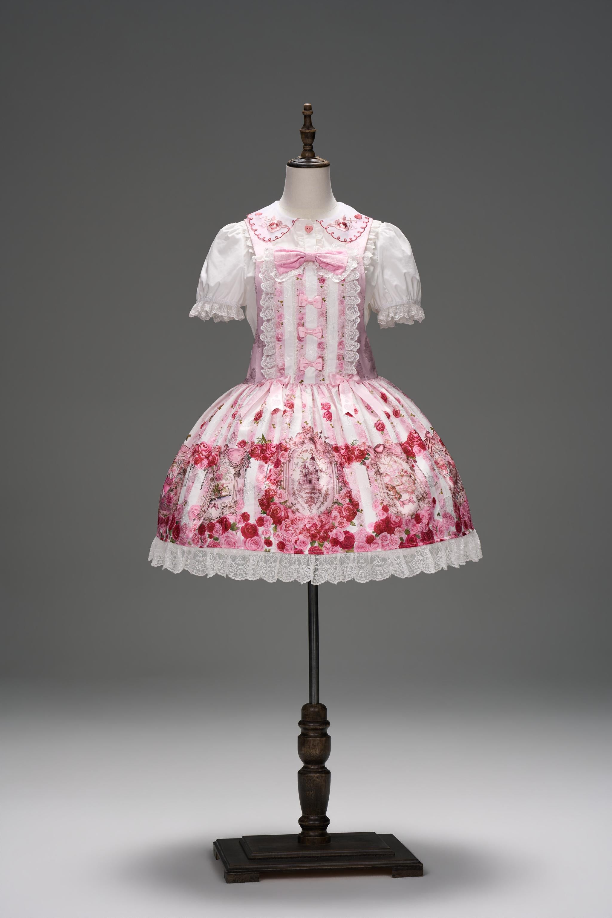 Rose Dream Isle - Sweet Lolita Rose Wall Print Dress, Embroidery & Bows Salopette XS