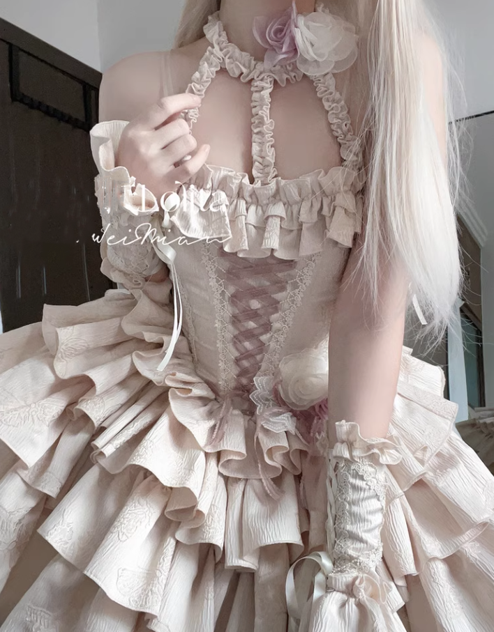 Xingweimian - Sunset Venus - Gothic Lolita Formal Dress Fishbone Waist JSK Dress Set white and pink S