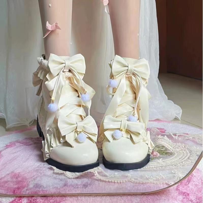 Fairy Godmother~Enthusiastic Ideation~Elegant Lolita Shoes Fleeced Short Martin Boots 37 Mid Heel PU Ivory with Fleece (34 35 36 37 38 39 40 41) 32686:409746
