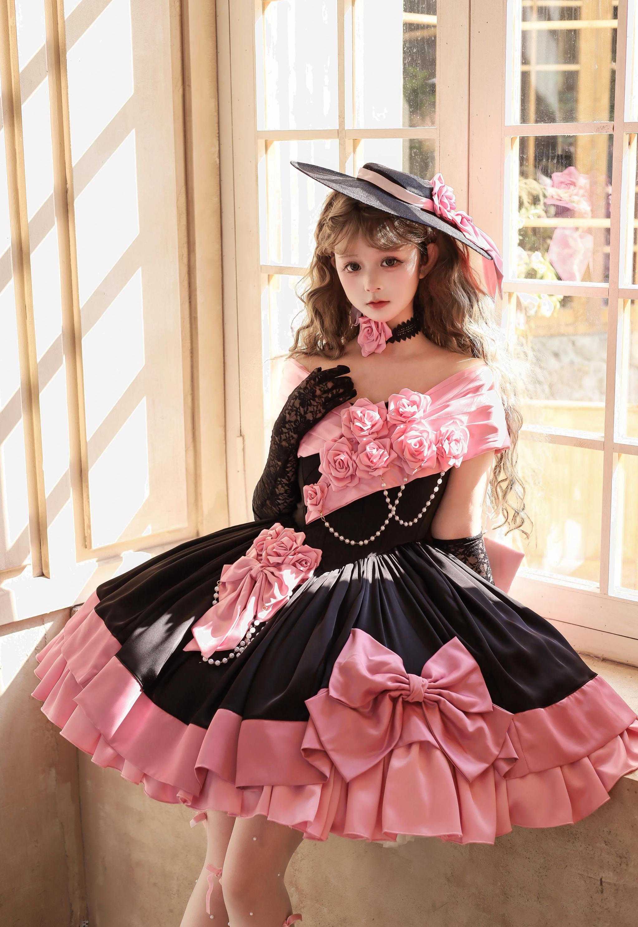 Casket Rose - Elegant Lolita Satin Corset Dress with 3D Pink Roses 45675:858116