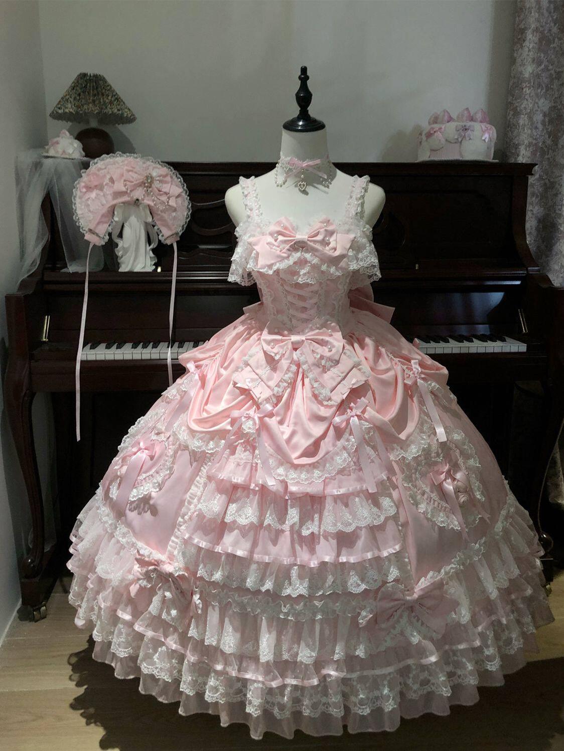 Drapery Poem - Sweet Wedding Lolita JSK Dress, Long Tiered Skirt Pink - JSK Only (without choker) S