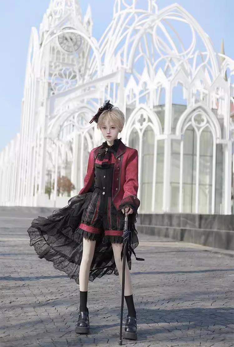 CastleToo - Coffin of Pilgrimage - Ouji Lolita Shirt Pants Suit Medieval European Prince Suit One Size Black and red shorts