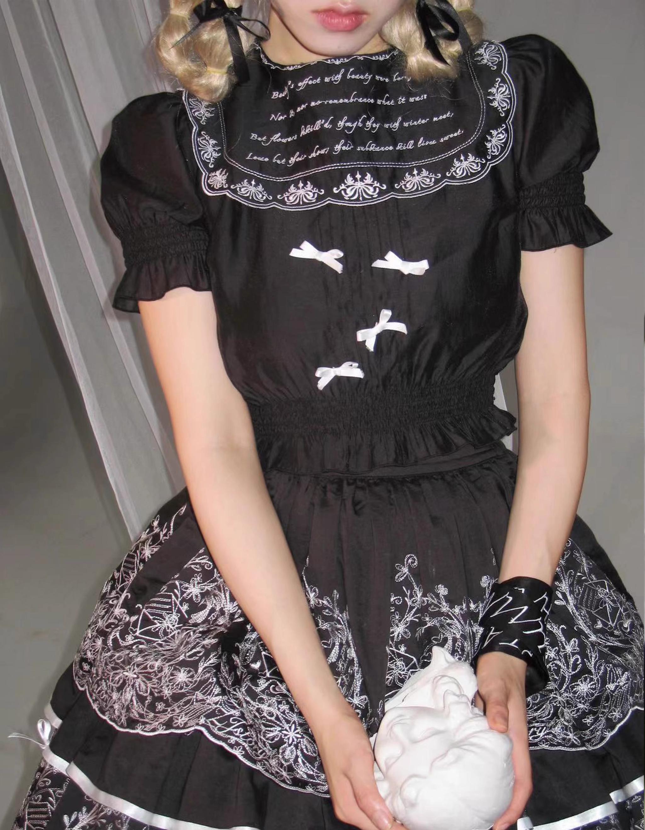 ZJstory - Sonnet Summer - Sweet Lolita Dress Set Embroidery Shirt Tiered Jumper Dress Black - Tencel shirt Only S