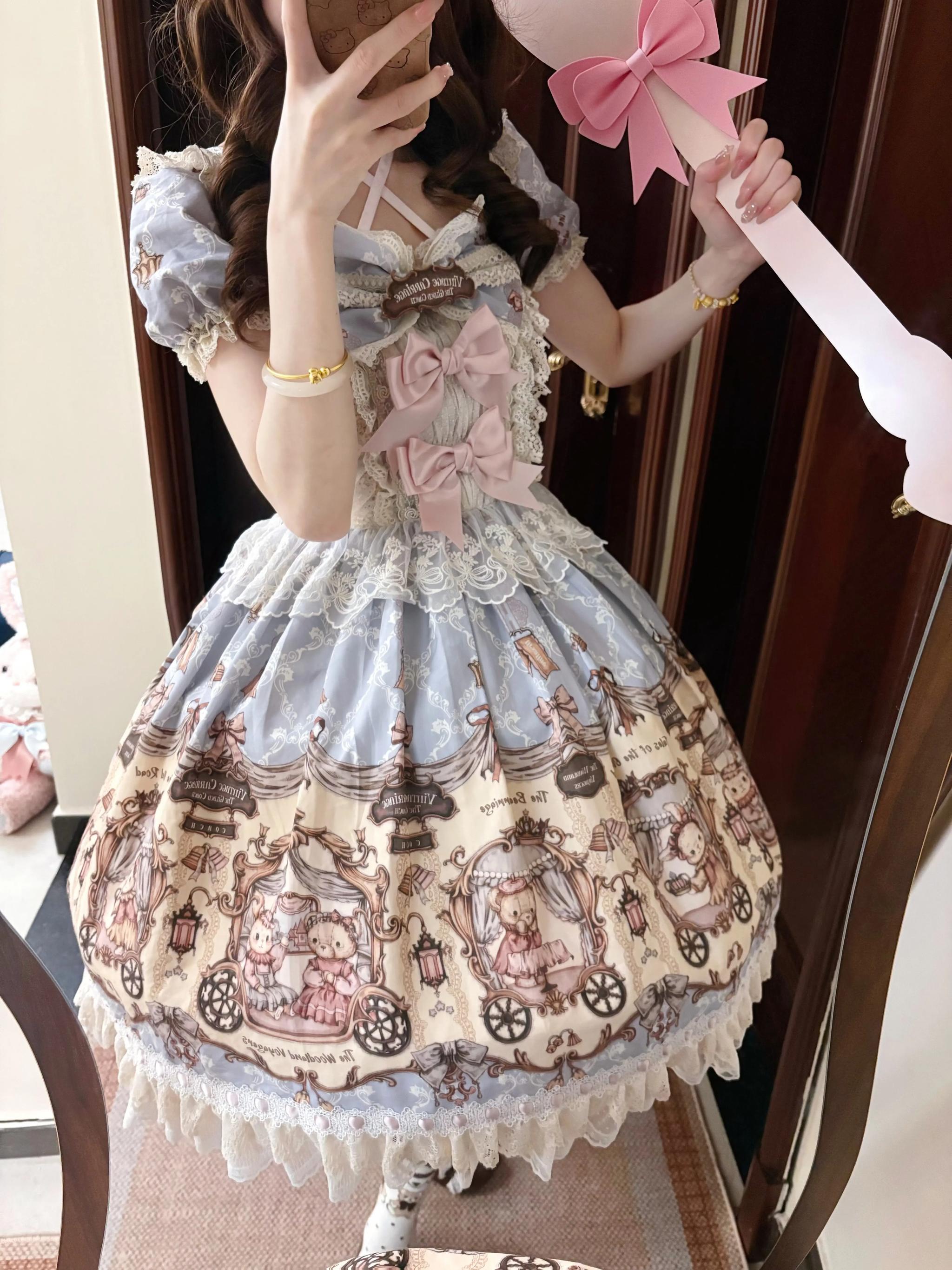 Bunny and Bear - Printed Sweet Lolita Dress, Lace and Bow Details