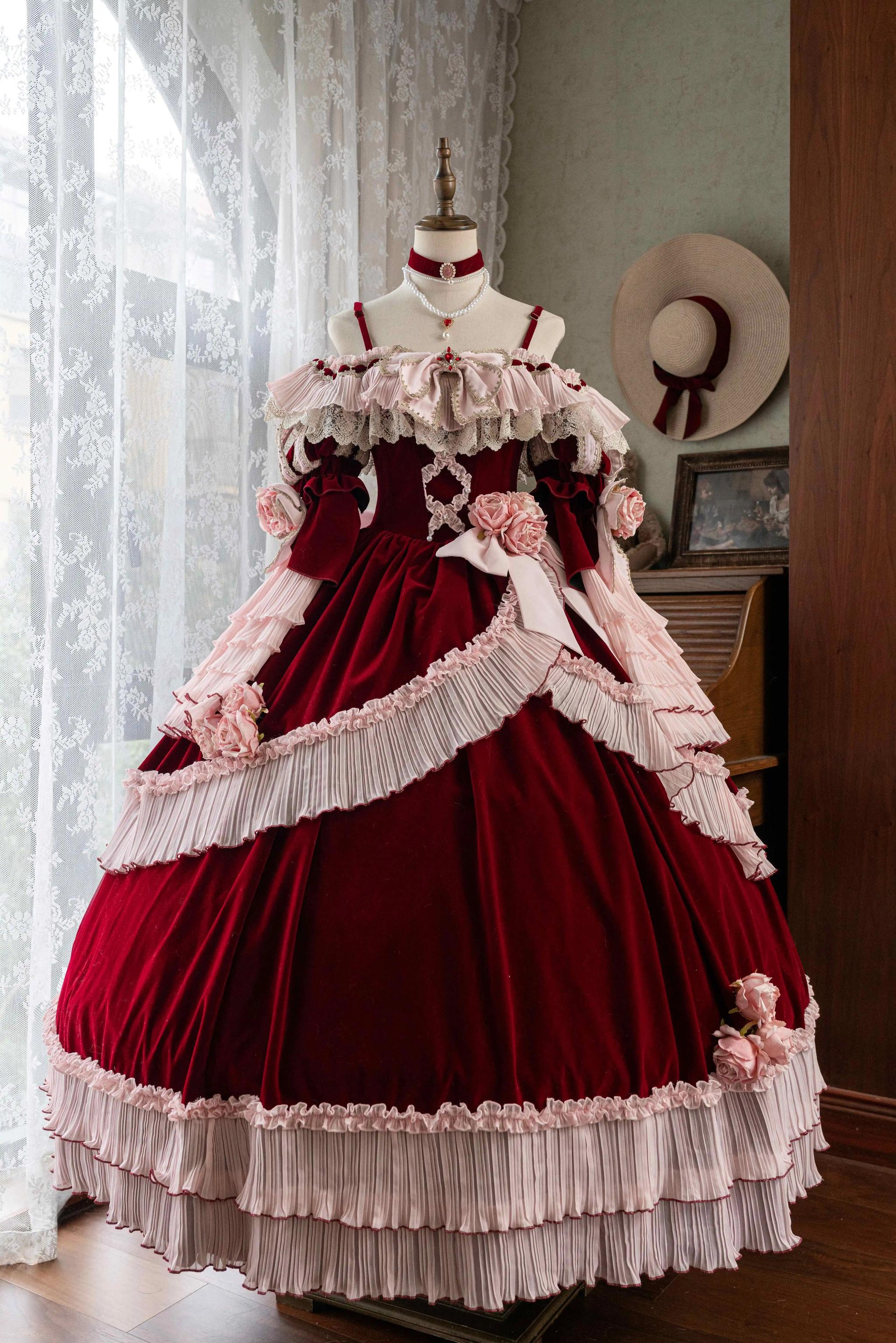 Meowing and fruity - Rose Ode - Retro Elegant Lolita Satin OP with Rose Decorations Red OP only - S