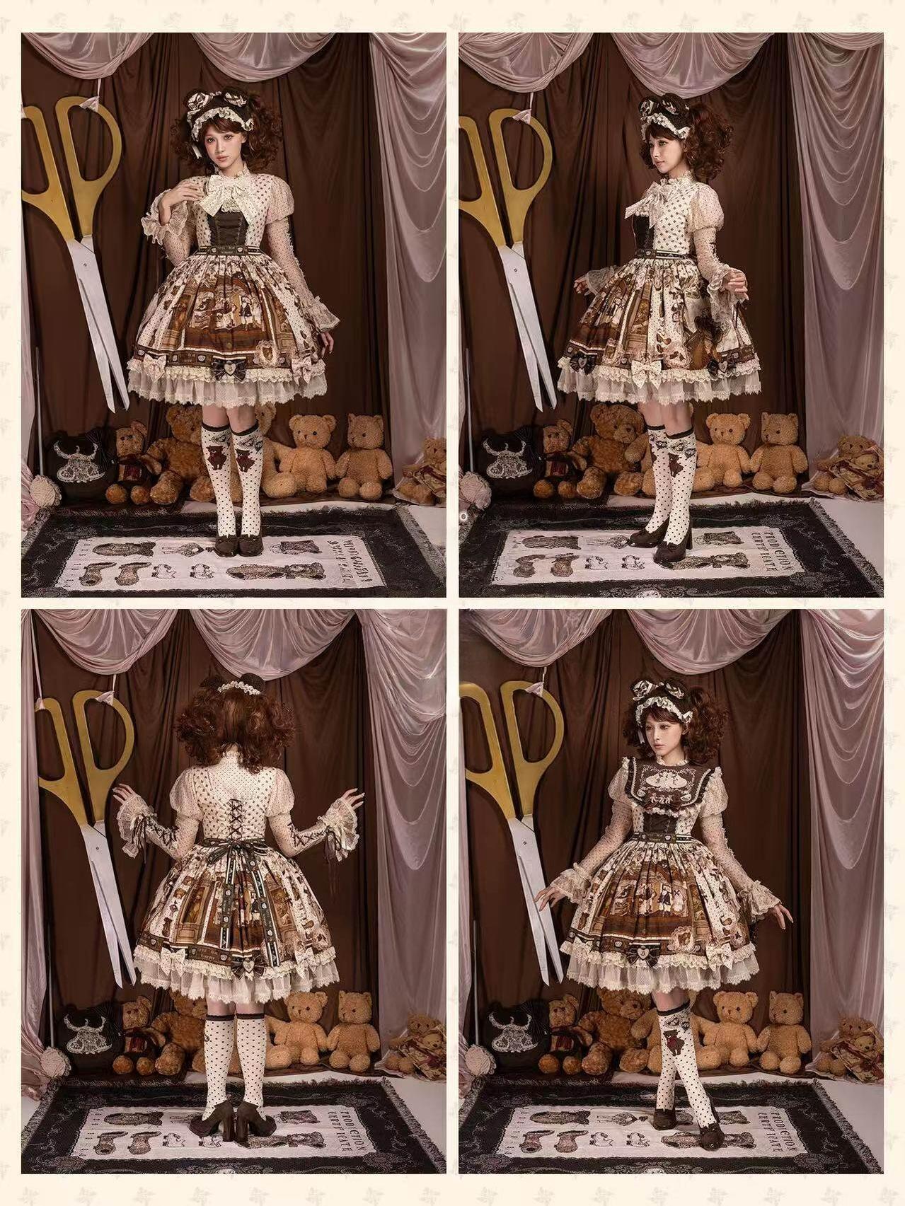 Little Bear Workshop - Cotton Sweet Lolita JSK & OP Dress, Printed Bodice Cream JSK + Waist Tie + Embroidered Fake Collar XS
