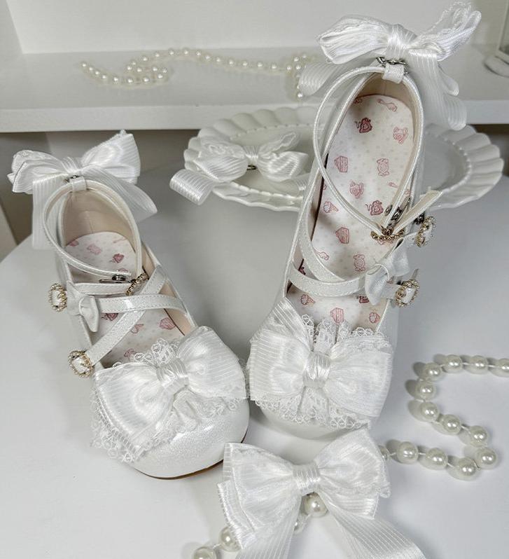 Cloud Satin Dream - Sweet Lolita Shoes, Ribbon Bows & Round Toe Starry beige low heels 35