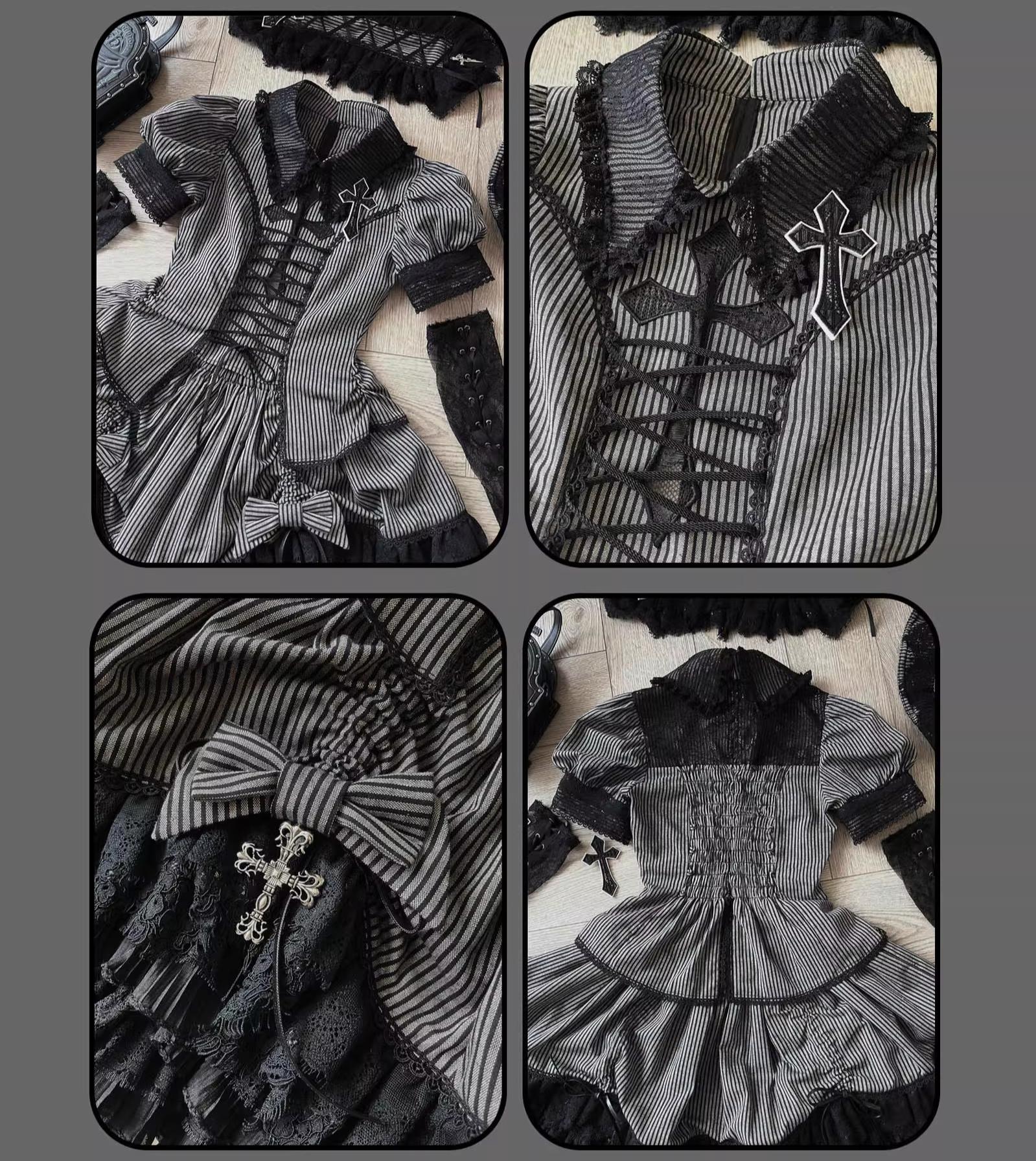 Susin Lolita - Striped Cross - Gothic Coordinated Lolita Set, Adjustable Blouse & Skirt 43331:773934