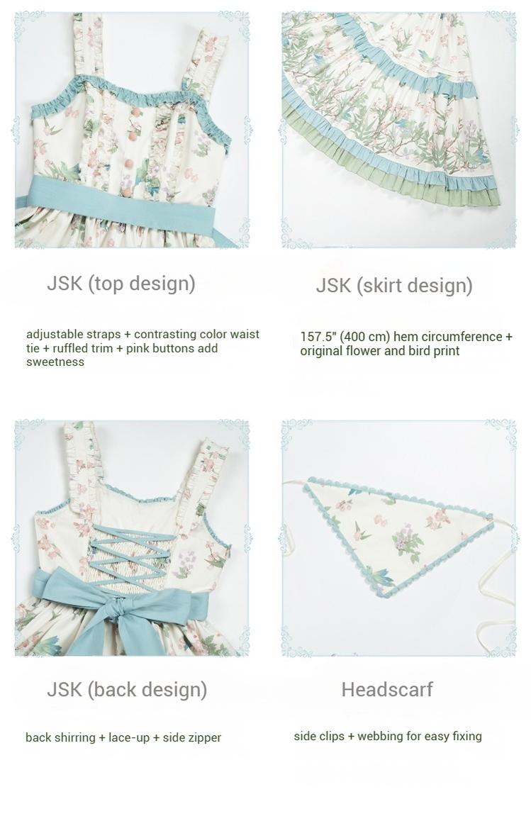 With PUJI - Oriole Time - Country Lolita JSK and OP Dress, Floral and Bird Print 44048:794577