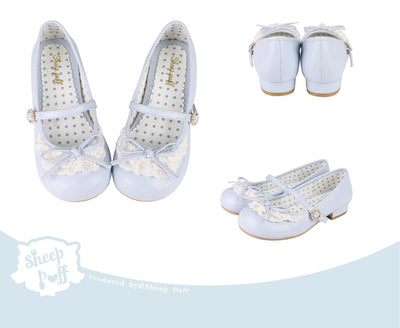 Sheep Puff~Little Leila~Kawaii Lolita Shoes Round Toe Flat Shoes 34 Blue low heel-2.5cm 