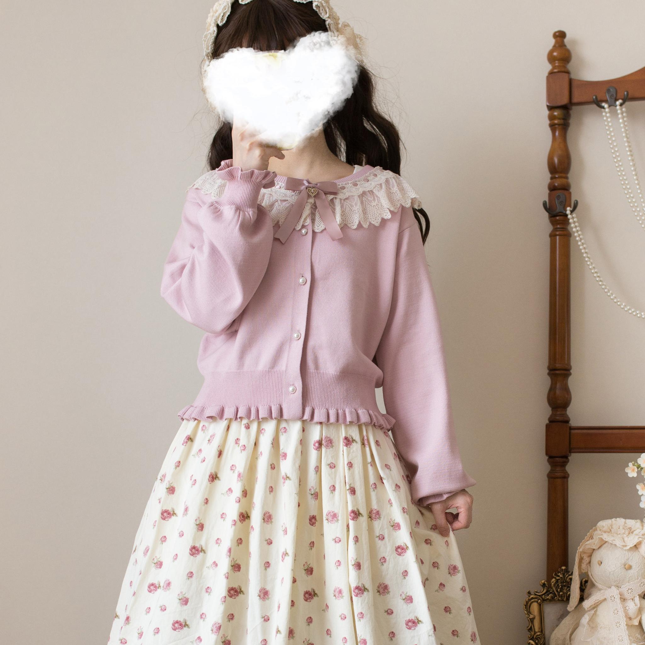 MIST - Graceful Dream - Retro Kawaii Lolita Sweater Cardigan, Ruffled Lace Neckline 43729:783957