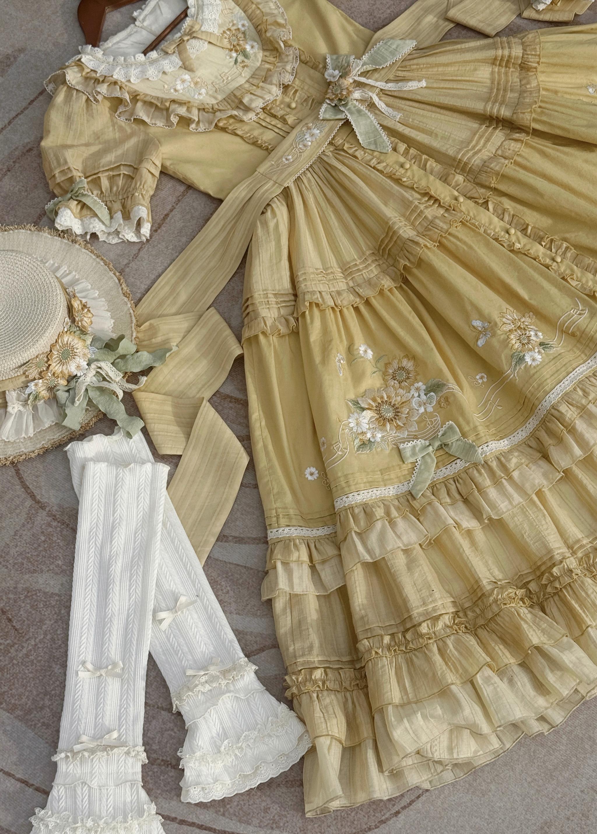 Moonlight Amber - Sunflower - Embroidered Country Lolita Dress, Tiered Skirt