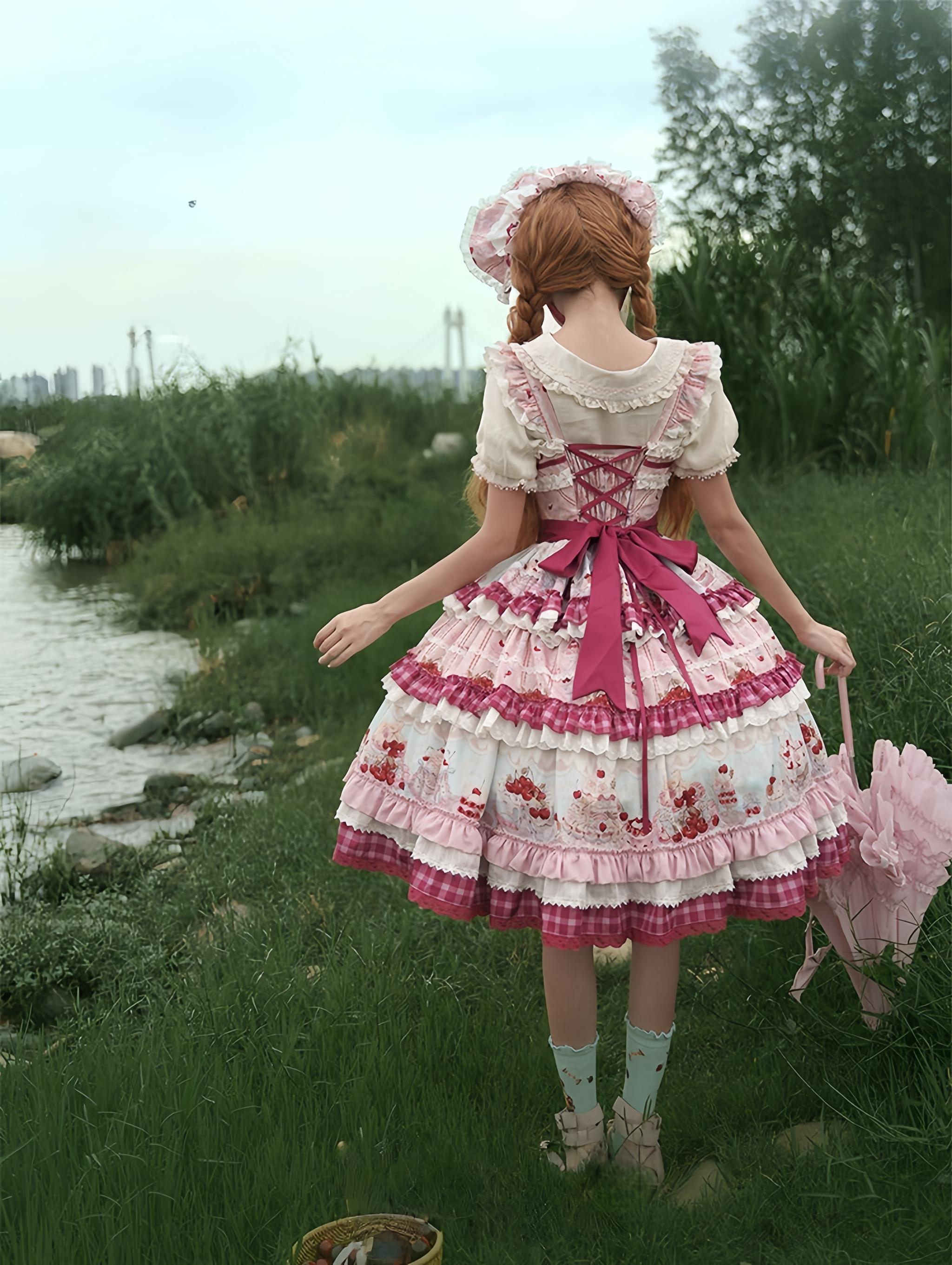 Cherry Cake - Printed Sweet Lolita JSK Dress, Embroidered Apron 44904:827195