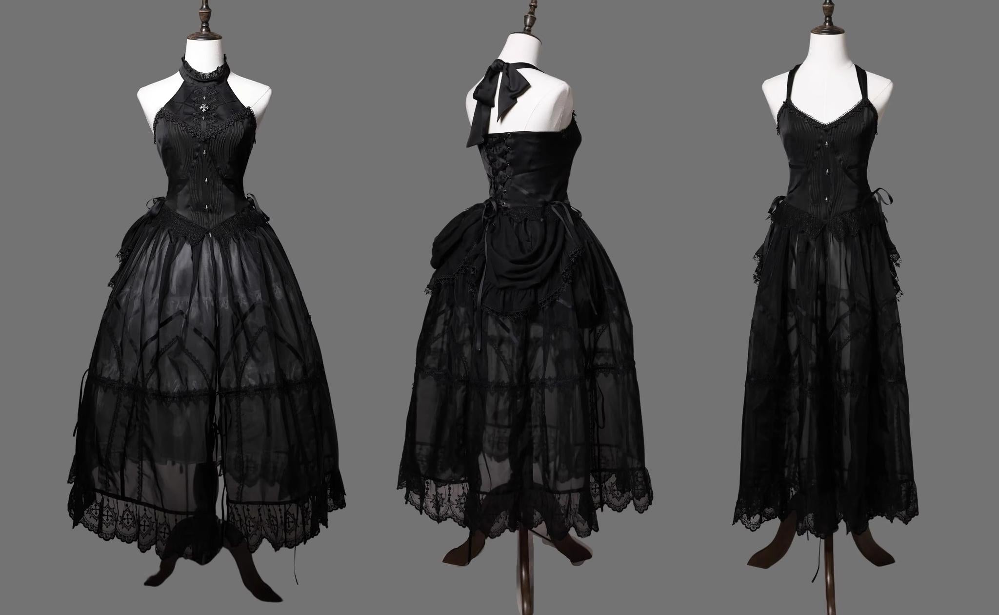 Wuyuzhe - Wolf Hunter - Gothic Lolita SK Set Halter Overskirt Cape Vest S Black- Halter Long Overskirt