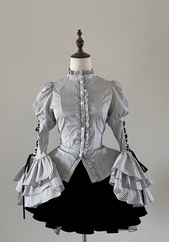 FlowerFairyDaily - Gothic Lolita Striped Shirt With Alternative NeckTie/Jabot 43313:772954
